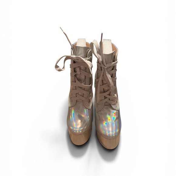 Dolls Kill N.Y. L.A. Holographic Platform Lace-Up Heeled Boots - Iridescent - Picture 2 of 7